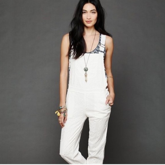 Free People Denim - Free People White Eyelet Overalls